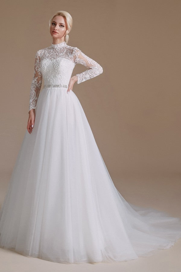 Long Sleeves Princess Lace Wedding Dress Tulle Bridal Gowns - Fashionpara