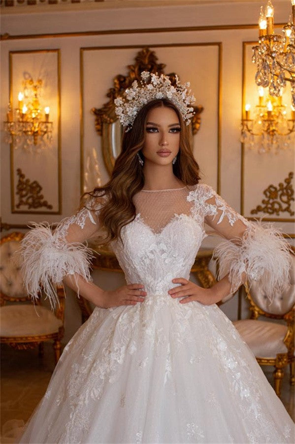 Long Sleeves Princess Wedding Dress Ball Gown With Lace Feather - Fashionpara