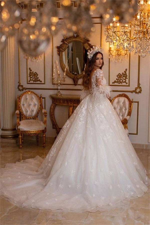 Long Sleeves Princess Wedding Dress Ball Gown With Lace Feather - Fashionpara