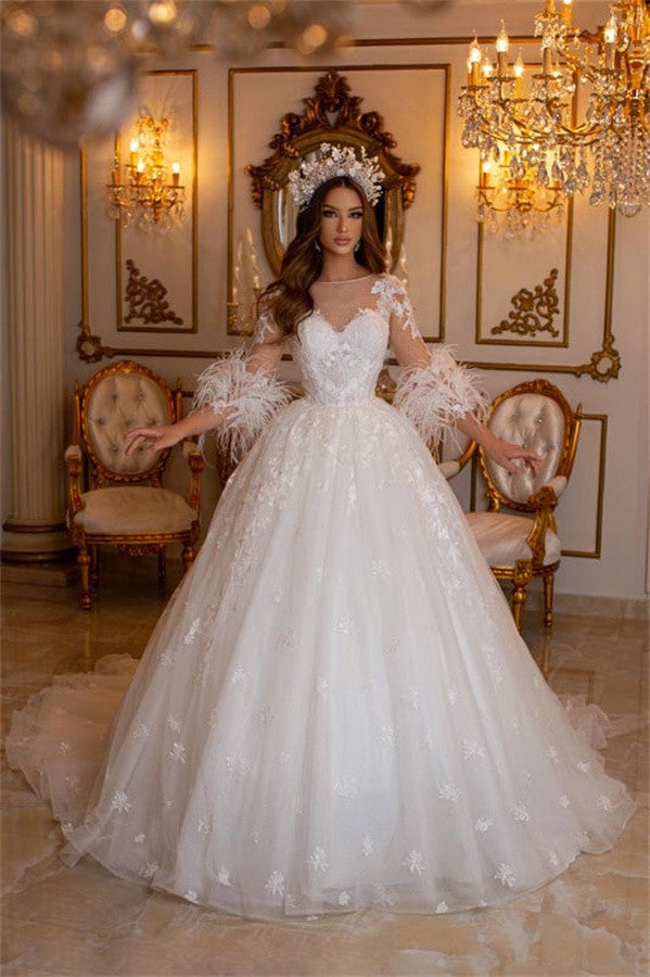 Long Sleeves Princess Wedding Dress Ball Gown With Lace Feather - Fashionpara