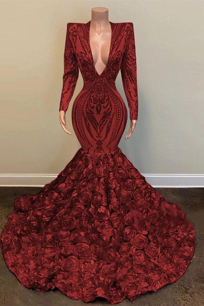 Long Sleeves Prom Dress Mermaid Burgundy V-Neck With Flowers Bottom - Fashionpara