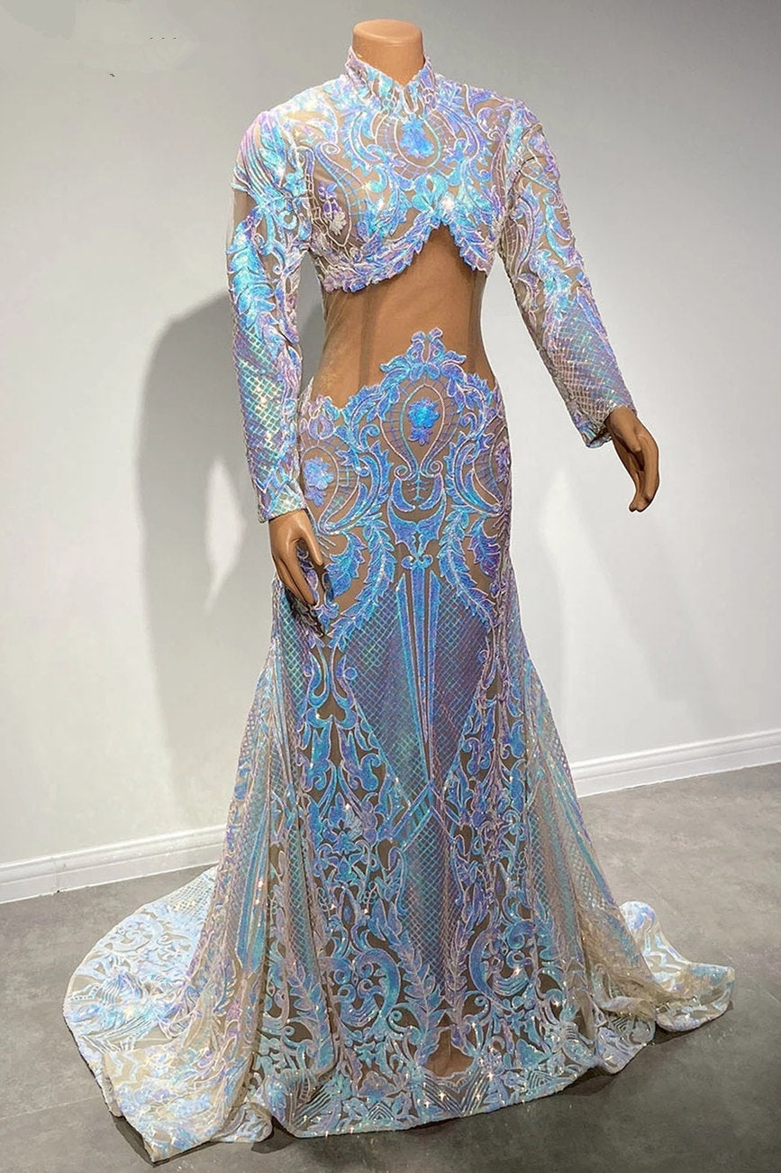 Long Sleeves Prom Dress Mermaid Sequins - Fashionpara