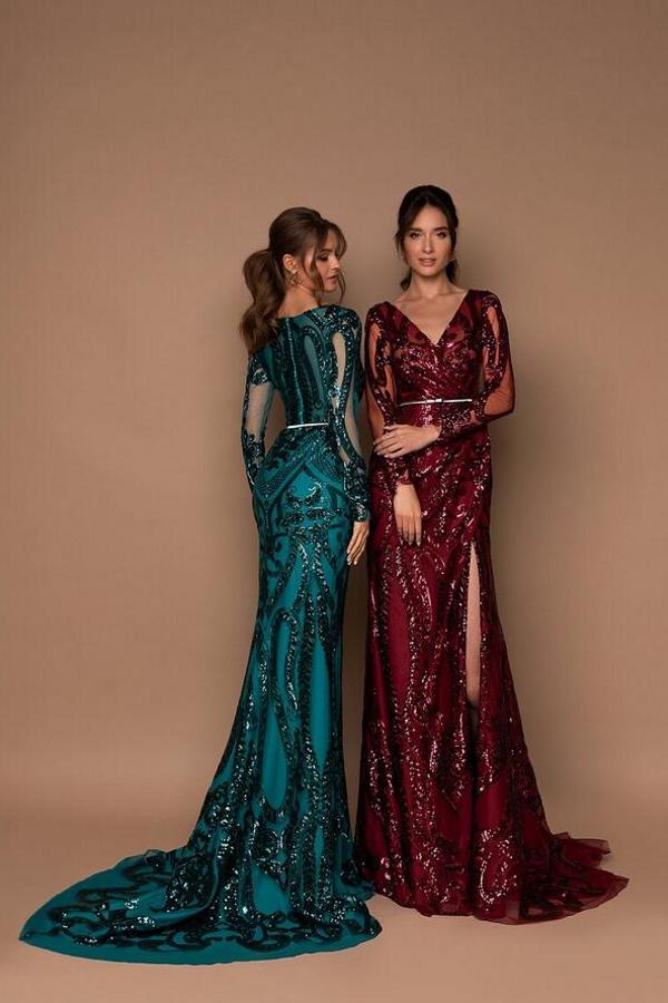 Long Sleeves Prom Dress Mermaid With Sequins V-Neck - Fashionpara