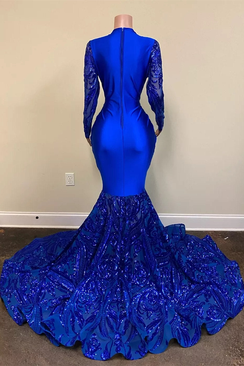 Long Sleeves Royal Blue Prom Dress Mermaid Sequins V-Neck - Fashionpara