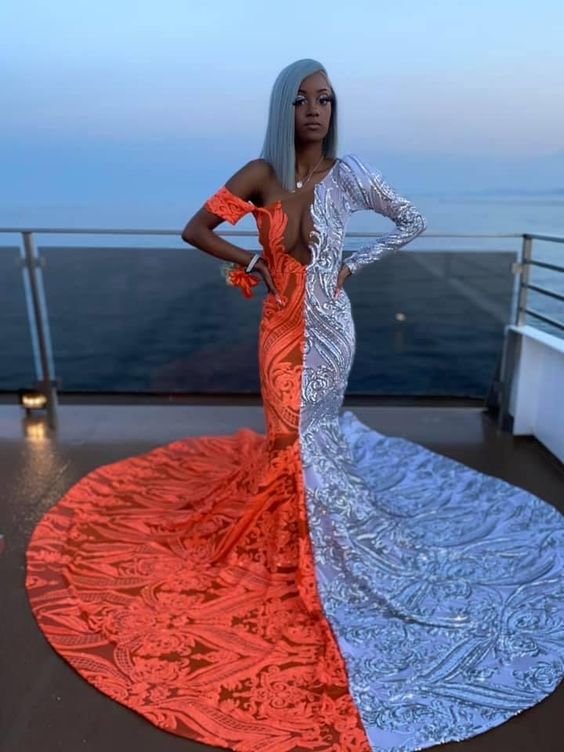 Long Sleeves Sequins Lace Prom Dress Mermaid - Fashionpara