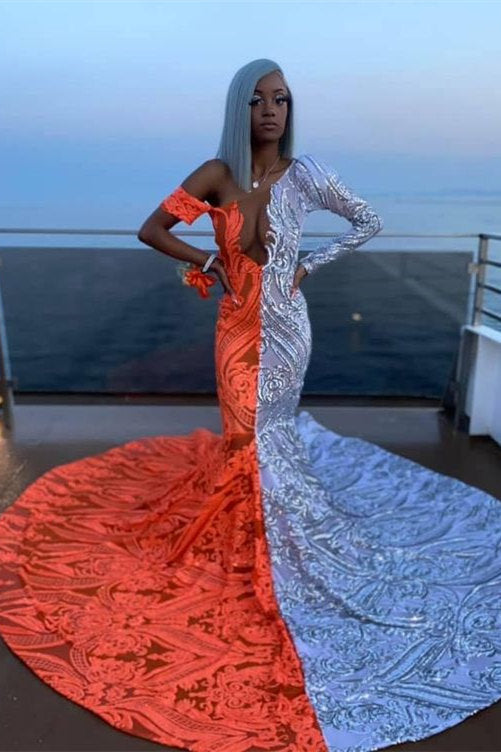 Long Sleeves Sequins Lace Prom Dress Mermaid - Fashionpara