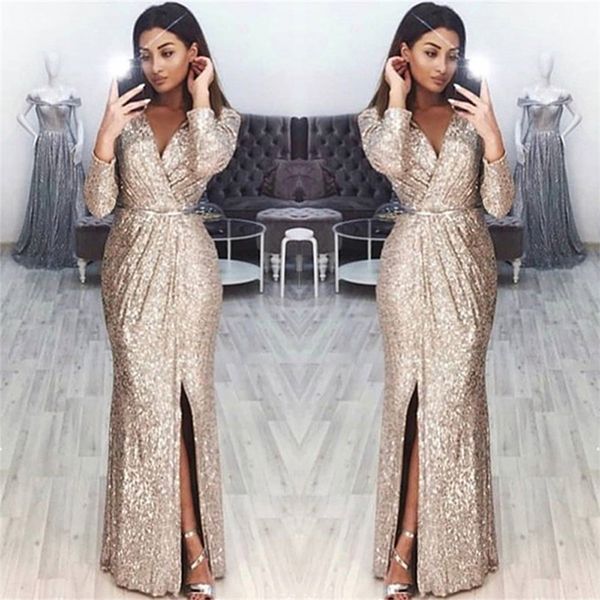 Long Sleeves Sequins Prom Dress Long With Split - Fashionpara
