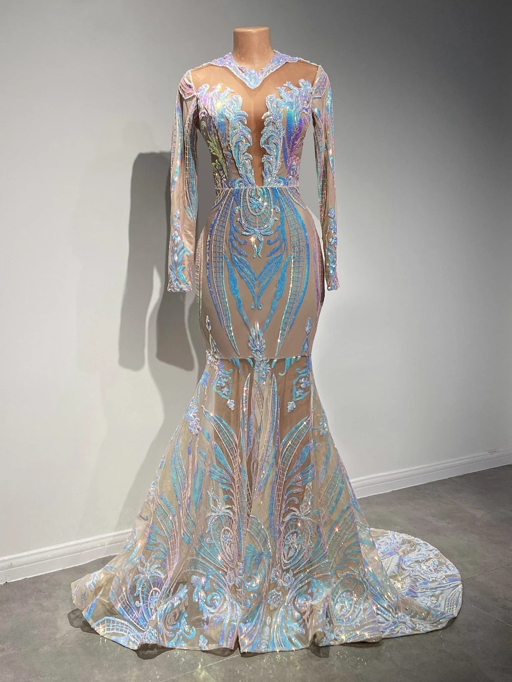 Long Sleeves Sequins Prom Dress Mermaid - Fashionpara
