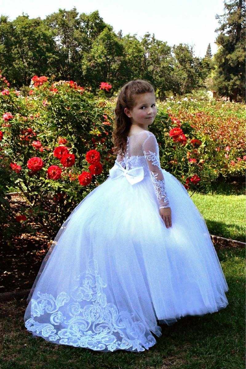 Long Sleeves Tulle Lace Flower Girl Dress On Sale - Fashionpara