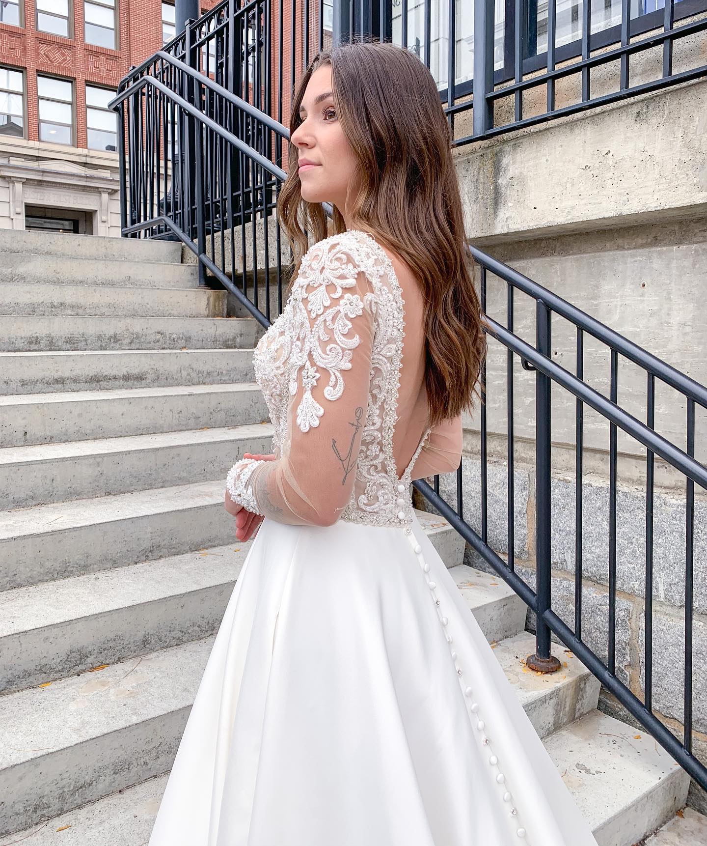 Long Sleeves V-Neck Wedding Dress Open Back Lace WIth Buttons - Fashionpara