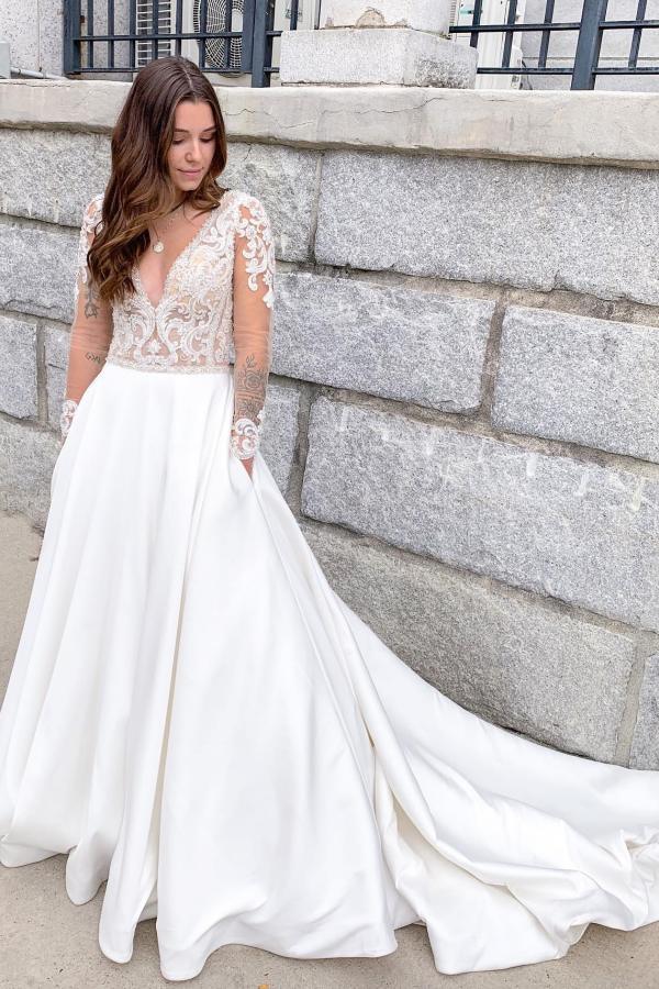 Long Sleeves V-Neck Wedding Dress Open Back Lace WIth Buttons - Fashionpara