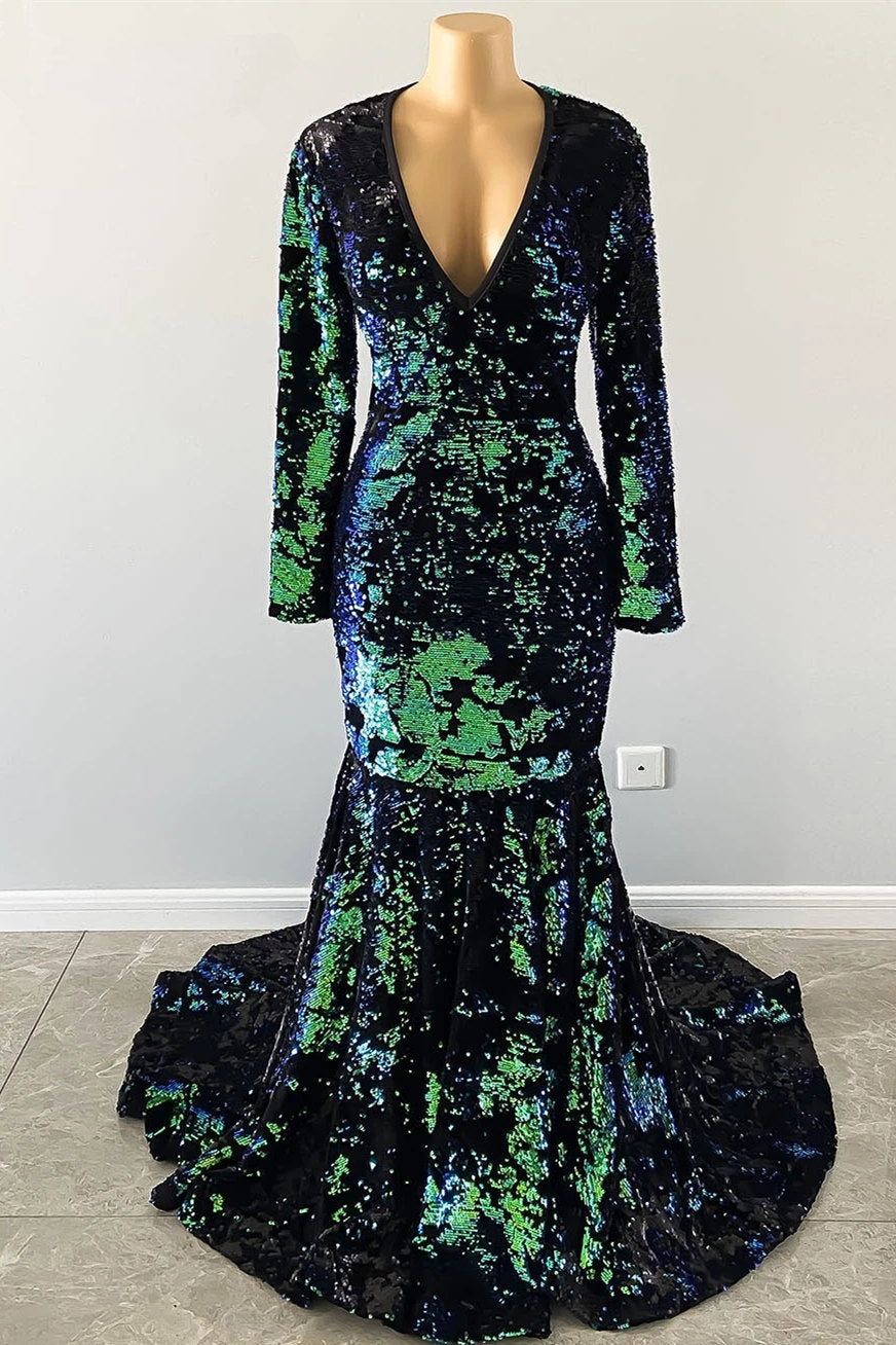 Long Sleeves Velvet Prom Dress Green V-Neck - Fashionpara