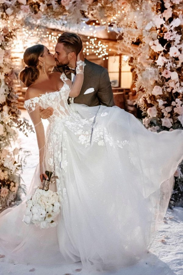 Long Sleeves Wedding Dress Off-the-Shoulder With Lace Appliques - Fashionpara