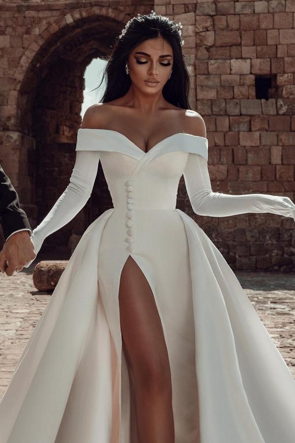 Long Sleeves Wedding Dress Off-the-Shoulder With Slit - Fashionpara