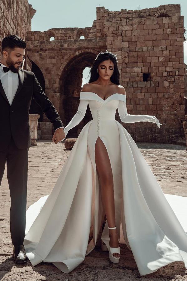 Long Sleeves Wedding Dress Off-the-Shoulder With Slit - Fashionpara
