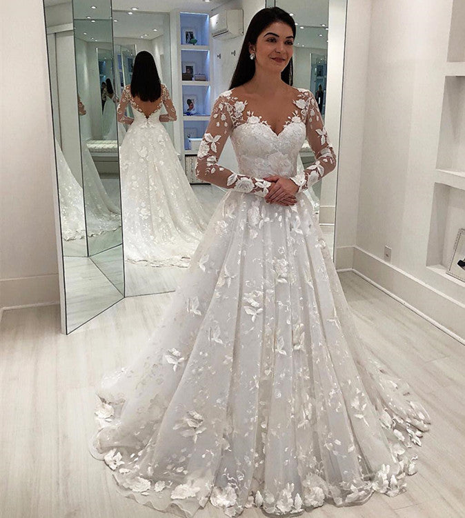 Long Sleeves Wedding Dress With Lace Appliques Princess Bridal Gowns - Fashionpara