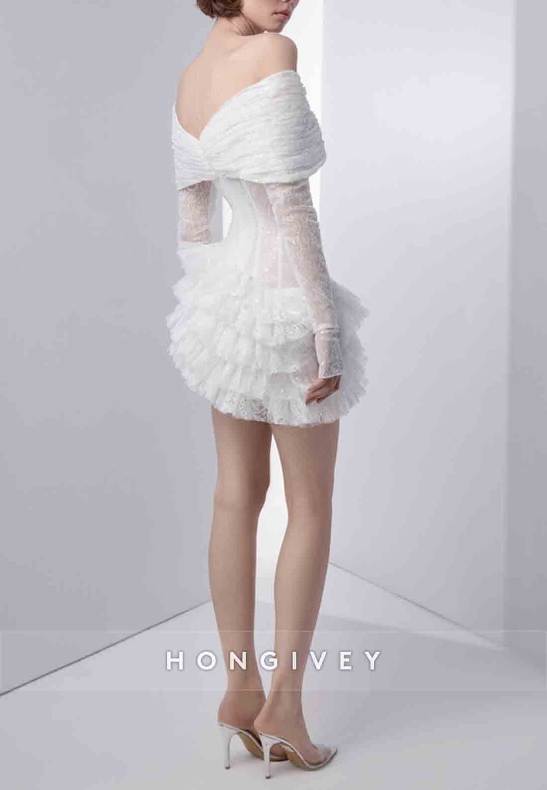 Off the Shoulder Ruffles V Back Long Sleeves Lace Mini Wedding Dresses