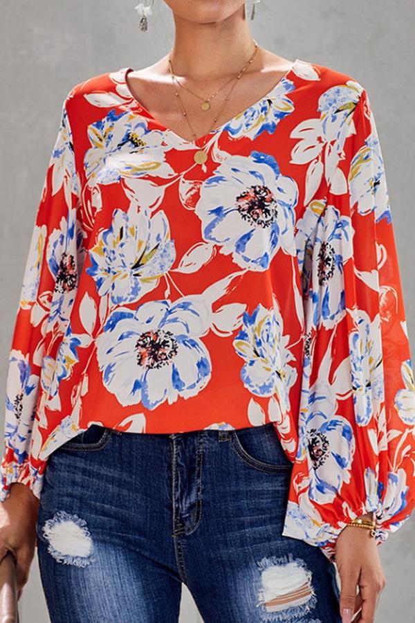 Loose Printed V-neck Lantern Sleeve Top