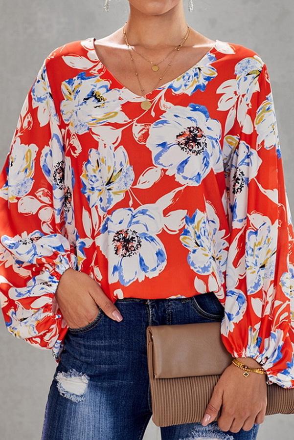 Loose Printed V-neck Lantern Sleeve Top