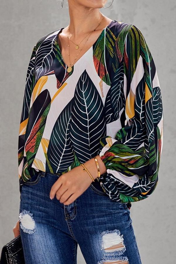 Loose Printed V-neck Lantern Sleeve Top