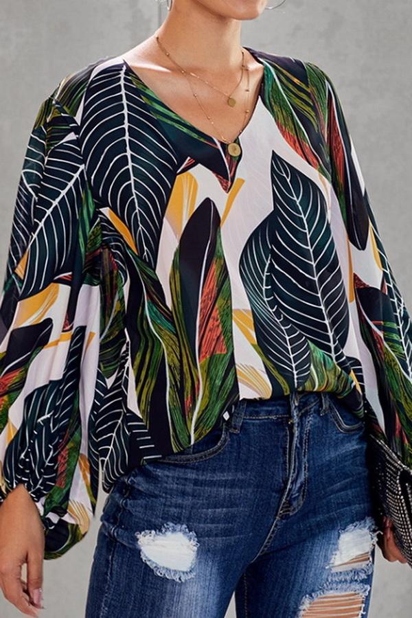 Loose Printed V-neck Lantern Sleeve Top