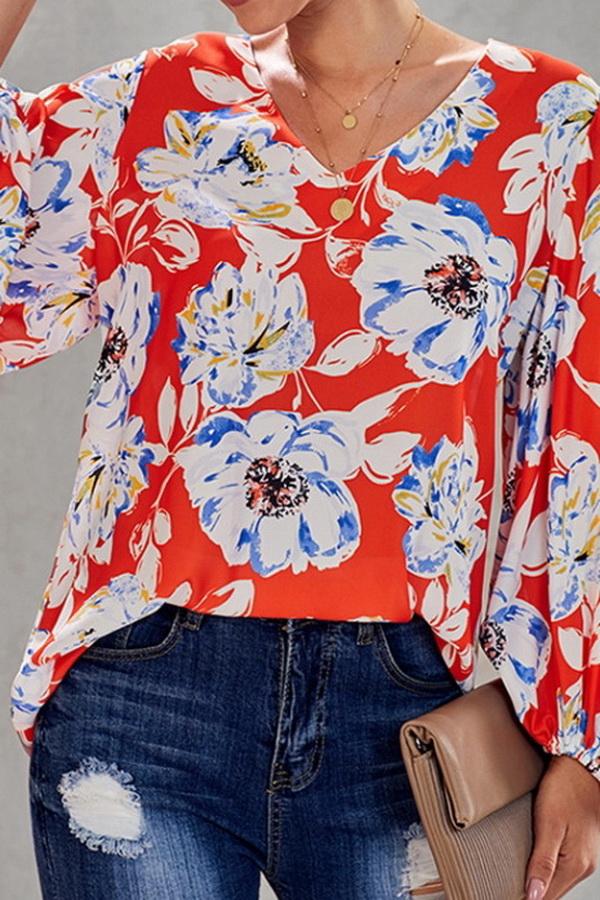 Loose Printed V-neck Lantern Sleeve Top