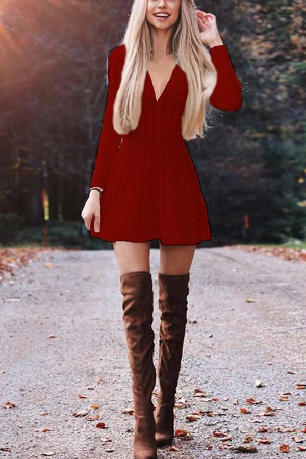 Fashion Solid Color Sweater Dress - Fashionpara