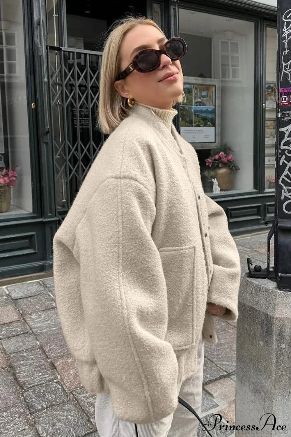 Textured Wool Casual Coat with Loose Stand Collar Design