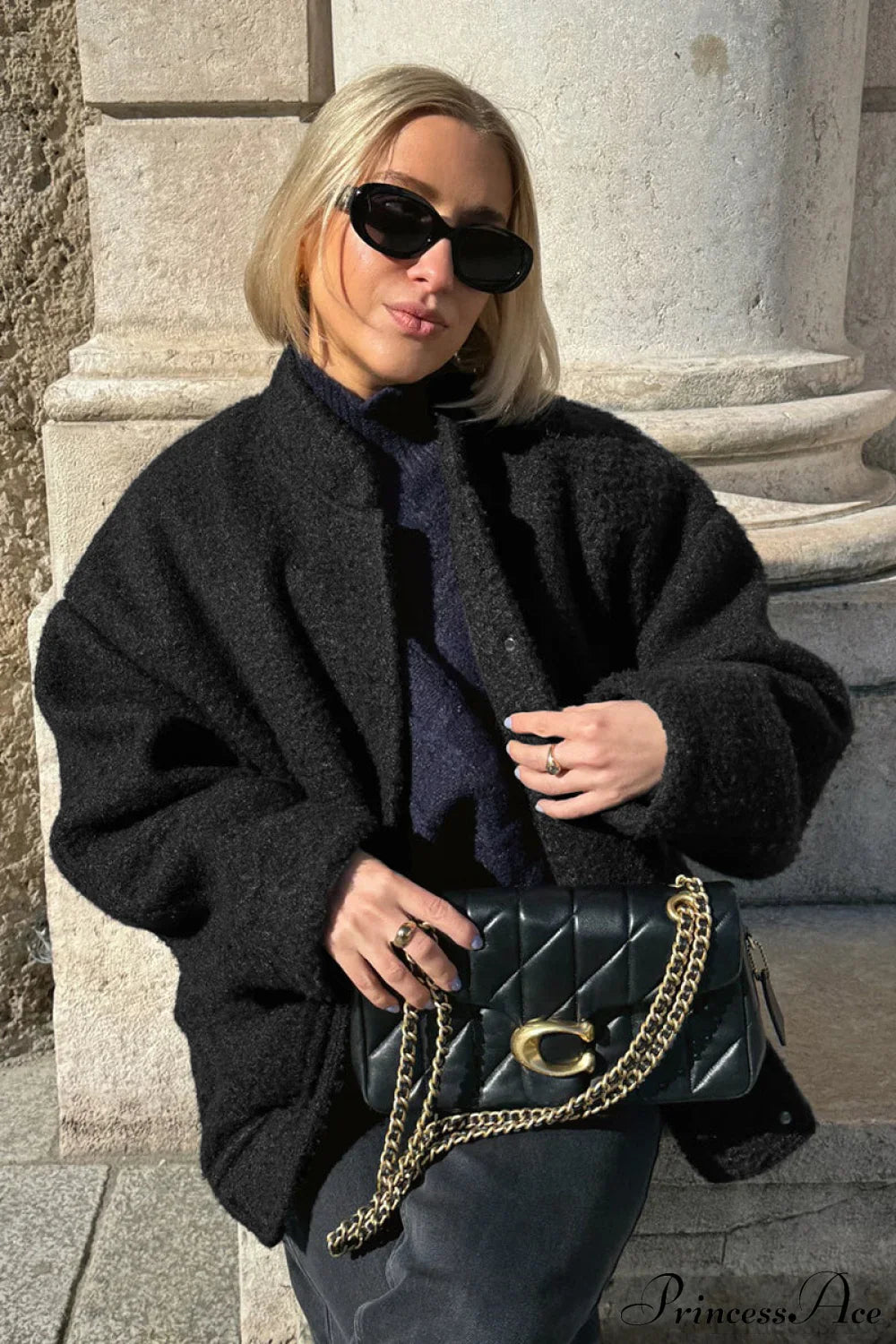 Textured Wool Casual Coat with Loose Stand Collar Design