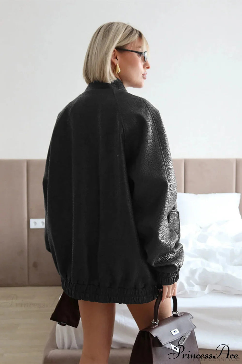 Textured PU Leather Coat with Loose Stand Collar and Zipper