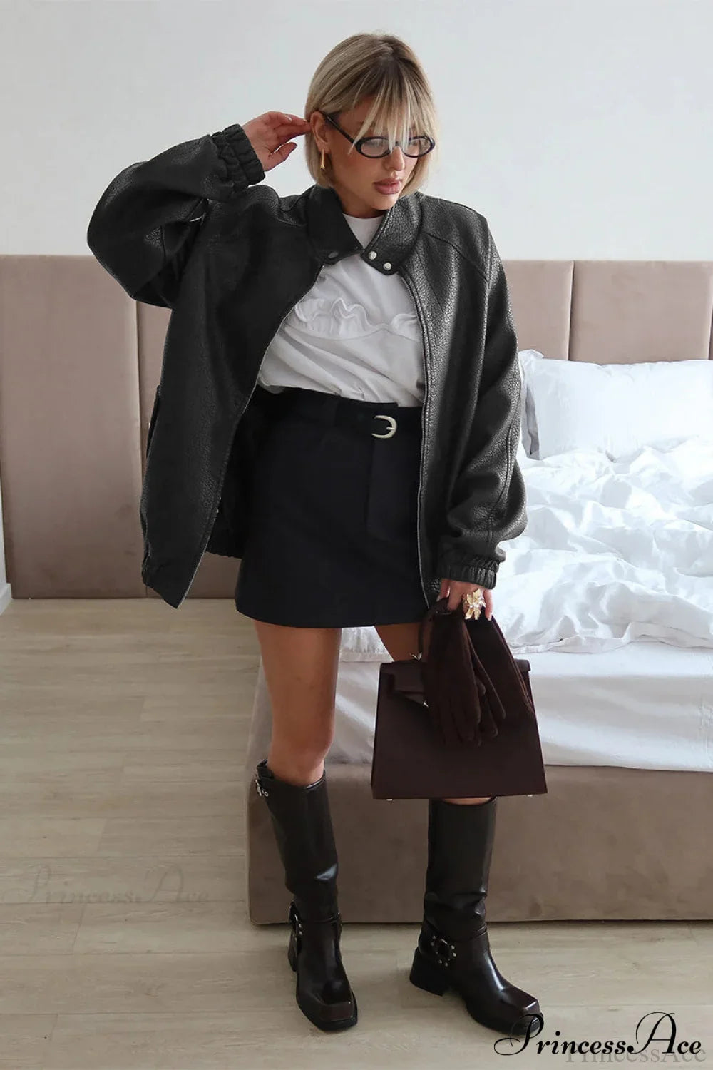 Textured PU Leather Coat with Loose Stand Collar and Zipper