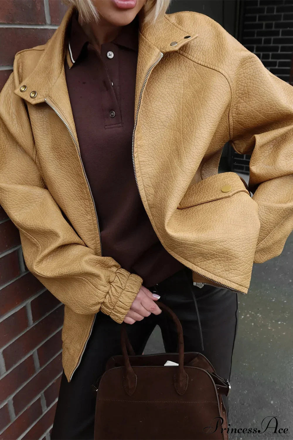 Textured PU Leather Coat with Loose Stand Collar and Zipper