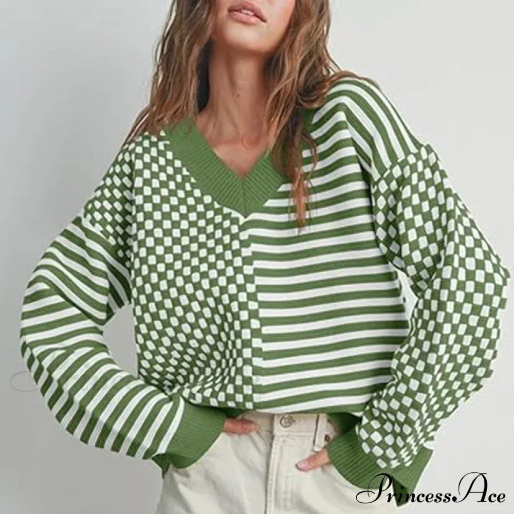 Loose Striped Plaid Casual Long Sleeve Cute Retro Chic Green Christmas Sweater