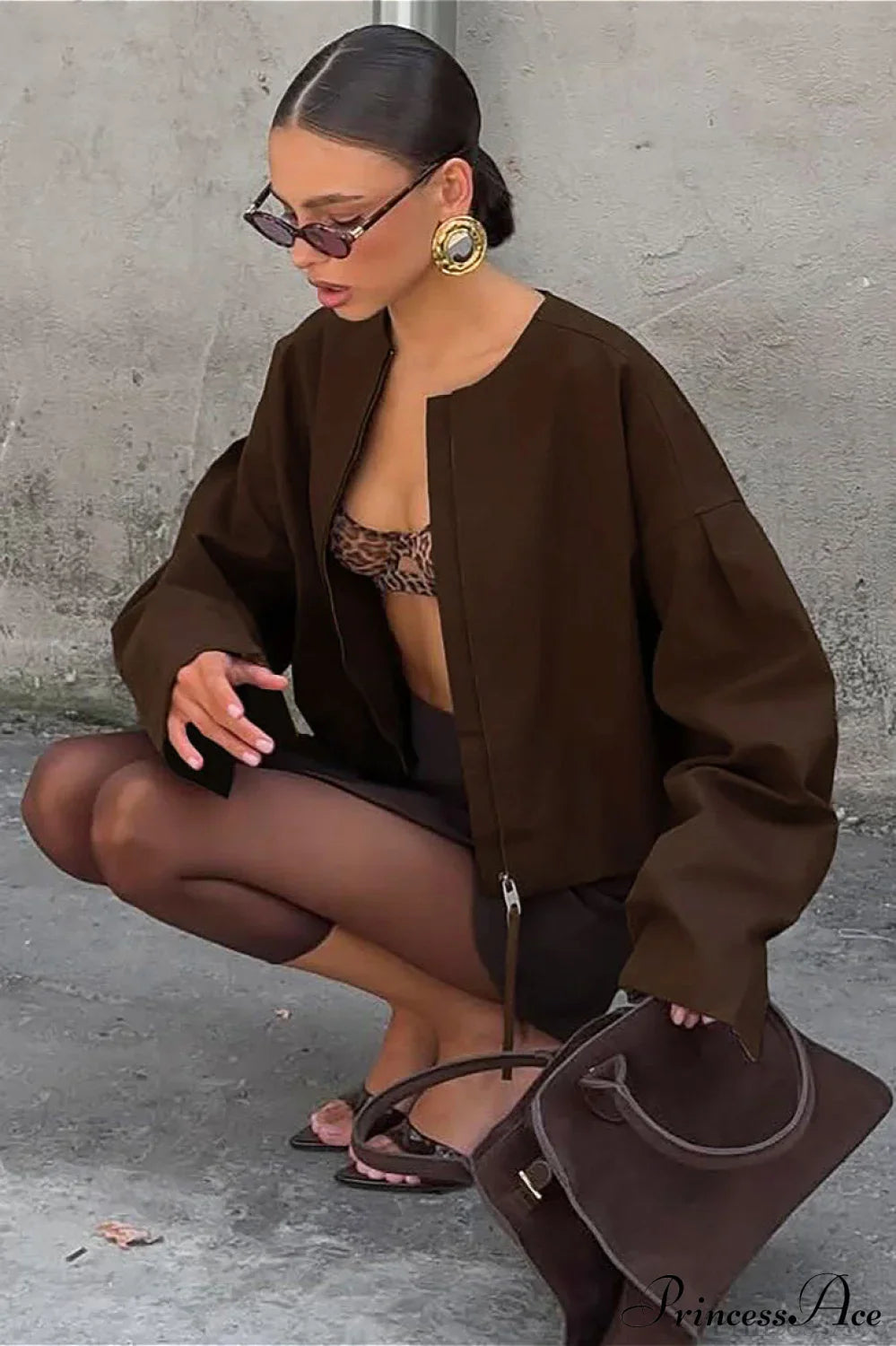 PrincessAce Loose Fit Long Sleeve Zip-Up Crewneck Coat