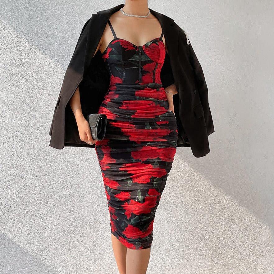 Floral Print Sweetheart Ruched Bodycon Midi Dress