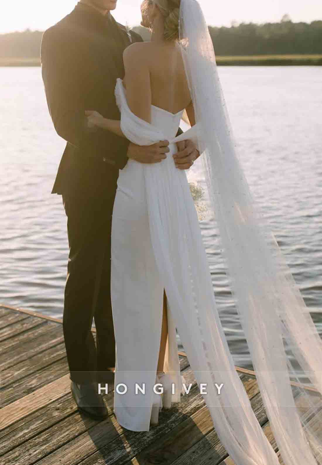 Pleated Low Back Off the Shoulder Floor-Length Beach Wedding Dresses