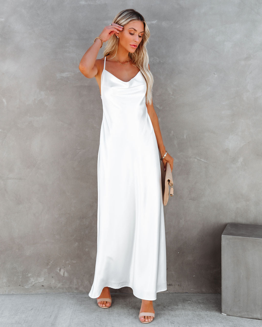 Love Letter Satin Cowl Neck Maxi Dress - Ivory - Fashionpara