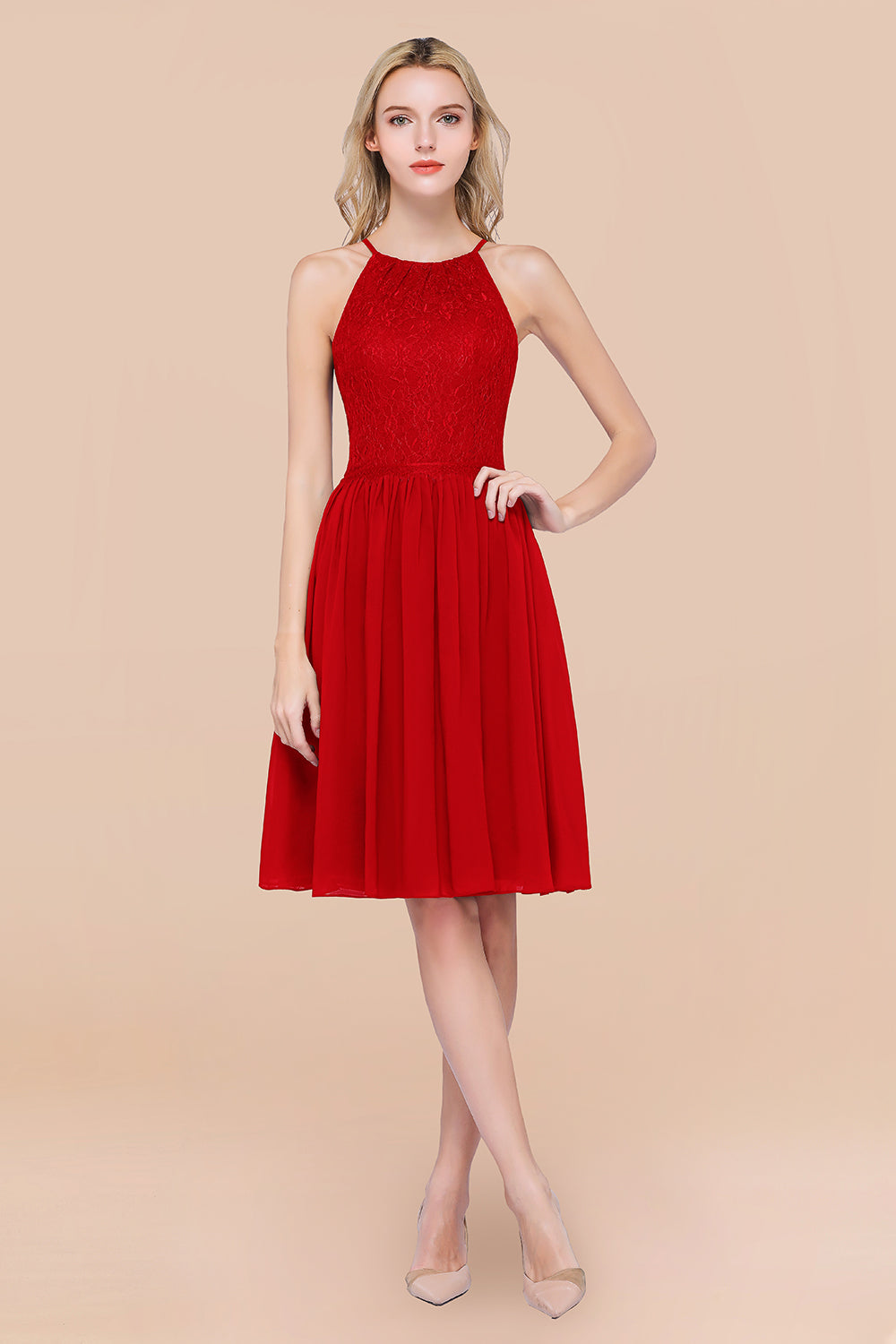 Lovely Burgundy Lace Short Bridesmaid Dresses With Spaghetti-Straps - Fashionpara