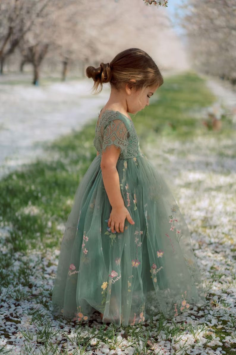 Lovely Green Cap Sleeves A-line Flower Girl Dresses With Appliques - Fashionpara