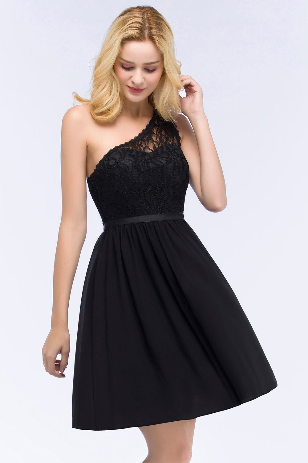 Lovely Lace Black One-shoulder Short Junior Bridesmaid dresses - Fashionpara
