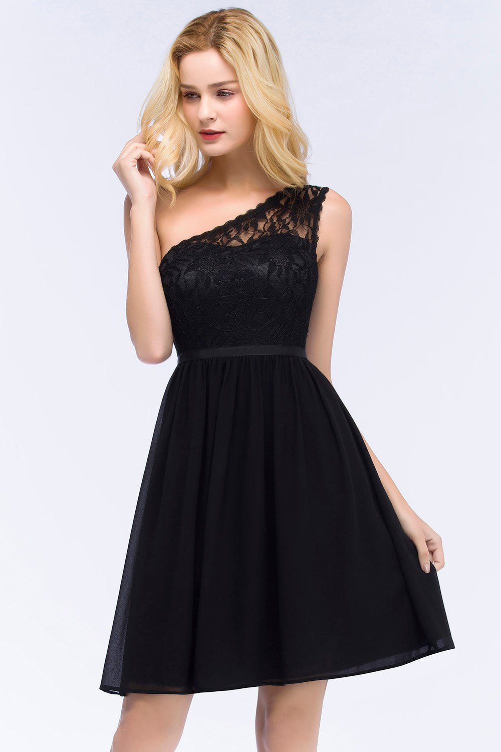 Lovely Lace Black One-shoulder Short Junior Bridesmaid dresses - Fashionpara