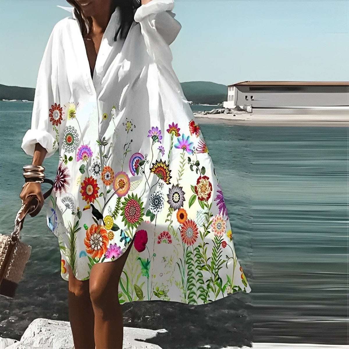 Floral Print Button Down Collar Oversized Shirttail Hem Mini Dress