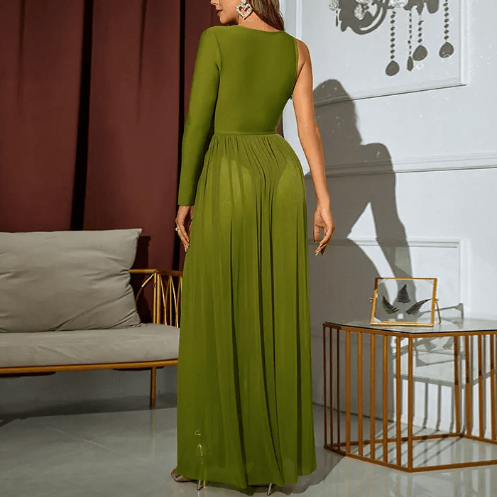 KittenAlarm - Lucy One Sleeve Deep V-Neck Rhinestone Ring Plunge Maxi Dress
