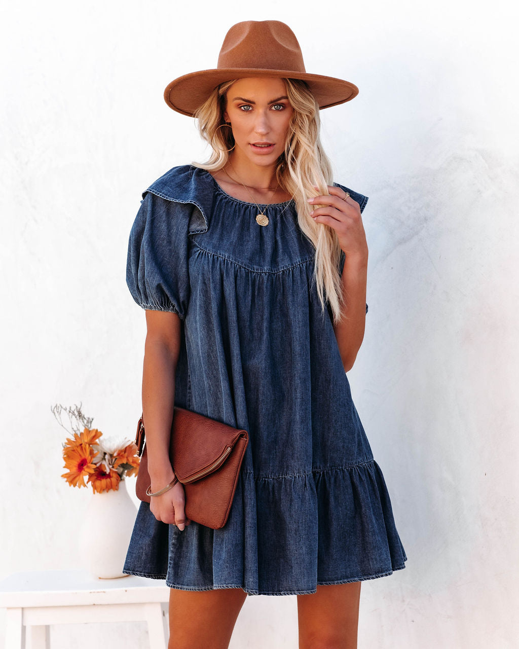 Denim Square Neck Puff Sleeve Tiered Shift Mini Dress 6