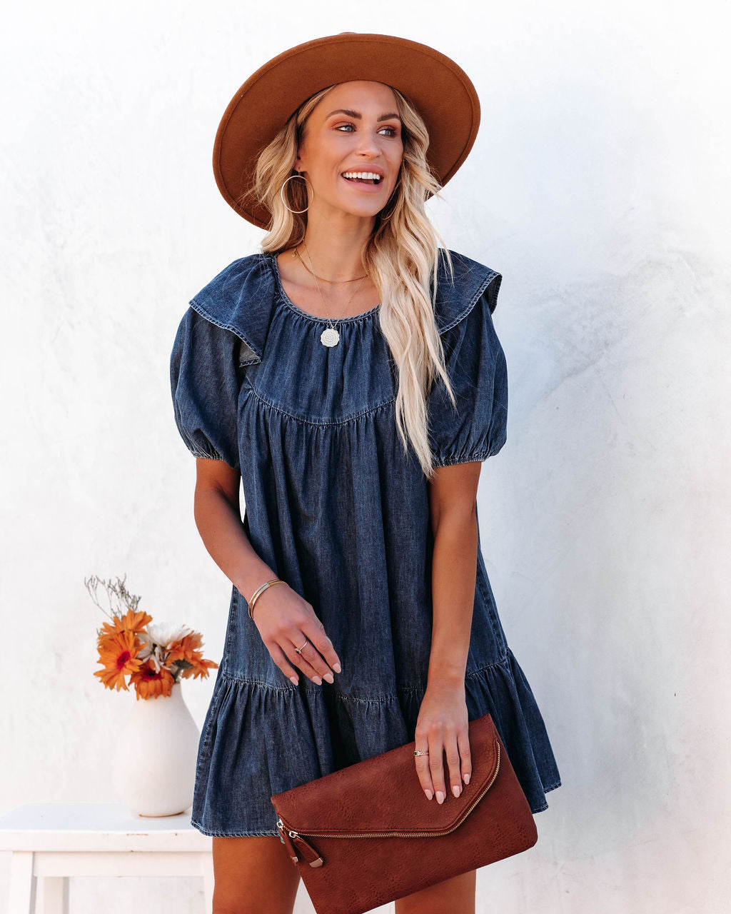 Denim Square Neck Puff Sleeve Tiered Shift Mini Dress 7
