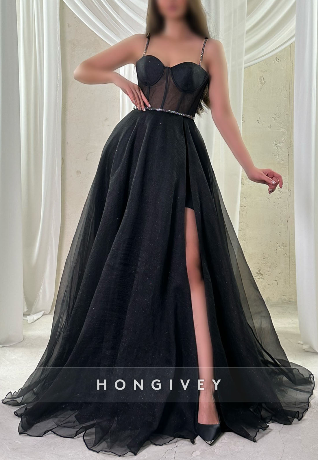 High Slit Sweep Train A-line Formal Dresses Sleeveless Regular Straps Tulle Evening Gown