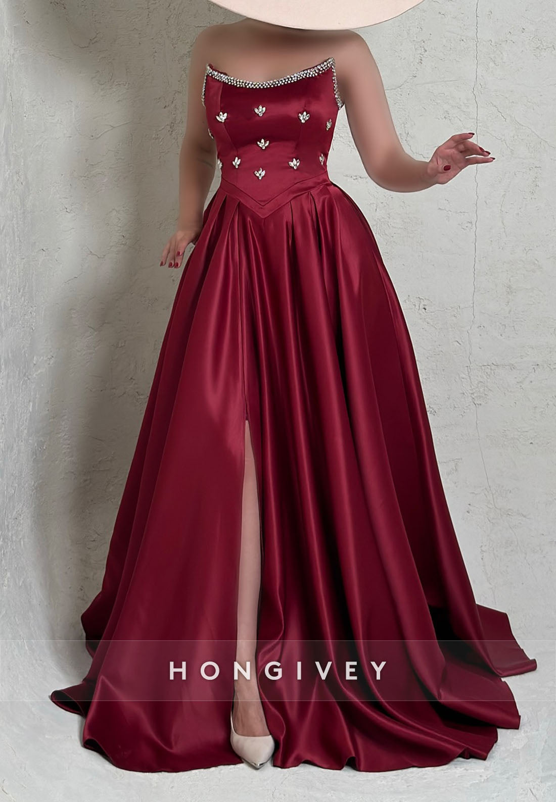 Side Slit Satin Rhinestone Formal Dresses Pleated Strapless A-line Evening Gown