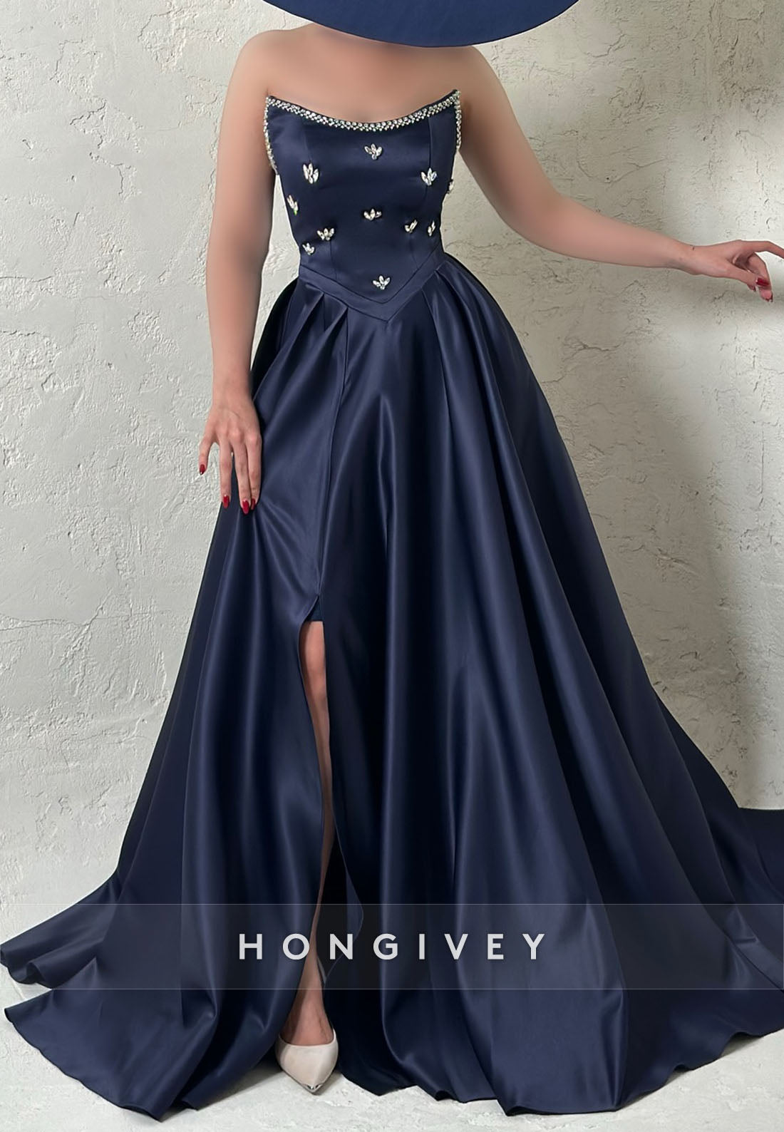 Side Slit Satin Rhinestone Formal Dresses Pleated Strapless A-line Evening Gown
