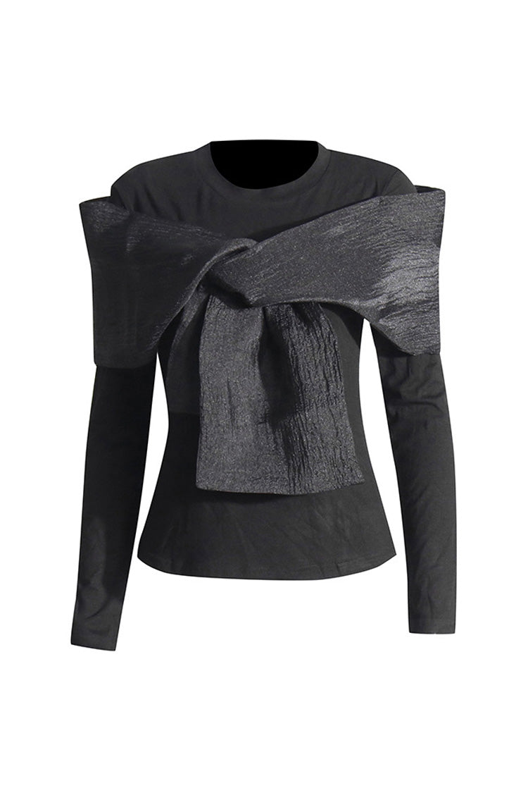 Luxurious Crinkled Big Knot Round Neck Long Sleeve Slim Fit T Shirt - Fashionpara