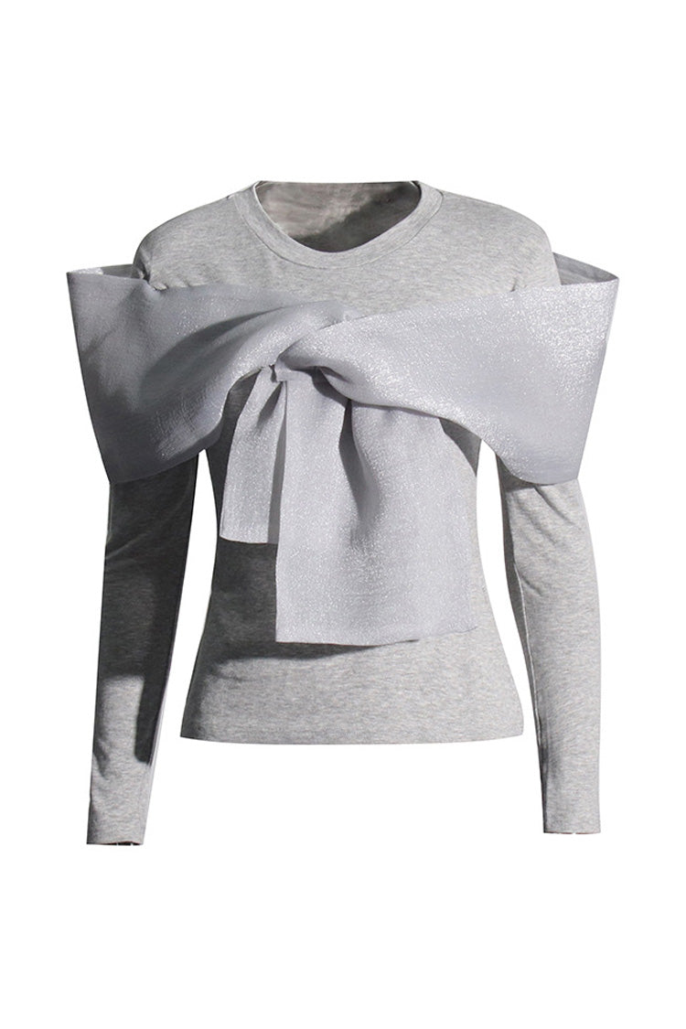 Luxurious Crinkled Big Knot Round Neck Long Sleeve Slim Fit T Shirt - Fashionpara